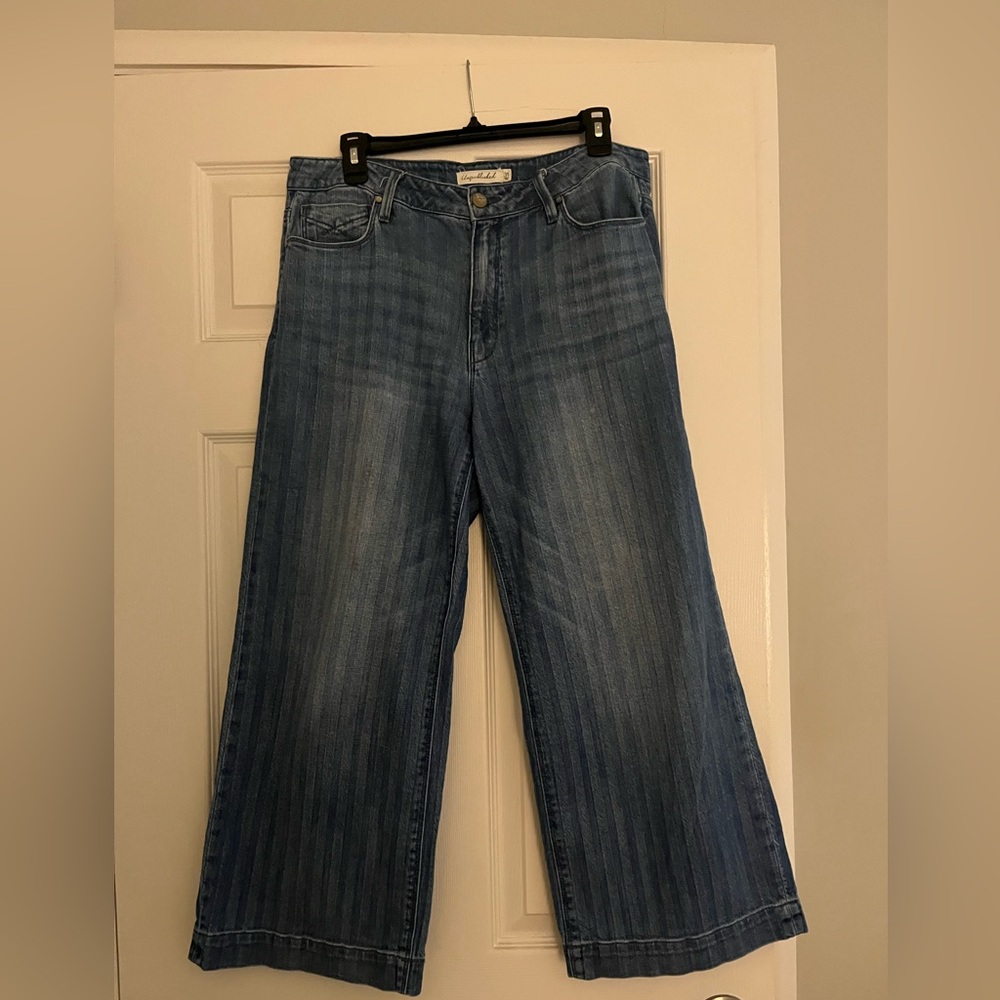 Anthropologie Unpublished Striped Wide Leg Ankle Med Blue Denim Jeans Size 31